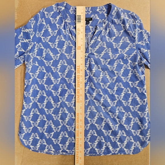 TALBOTS Petite Butterfly Print Cotton Tunic Blouse Shirt Size Small Blue White - Picture 11 of 12